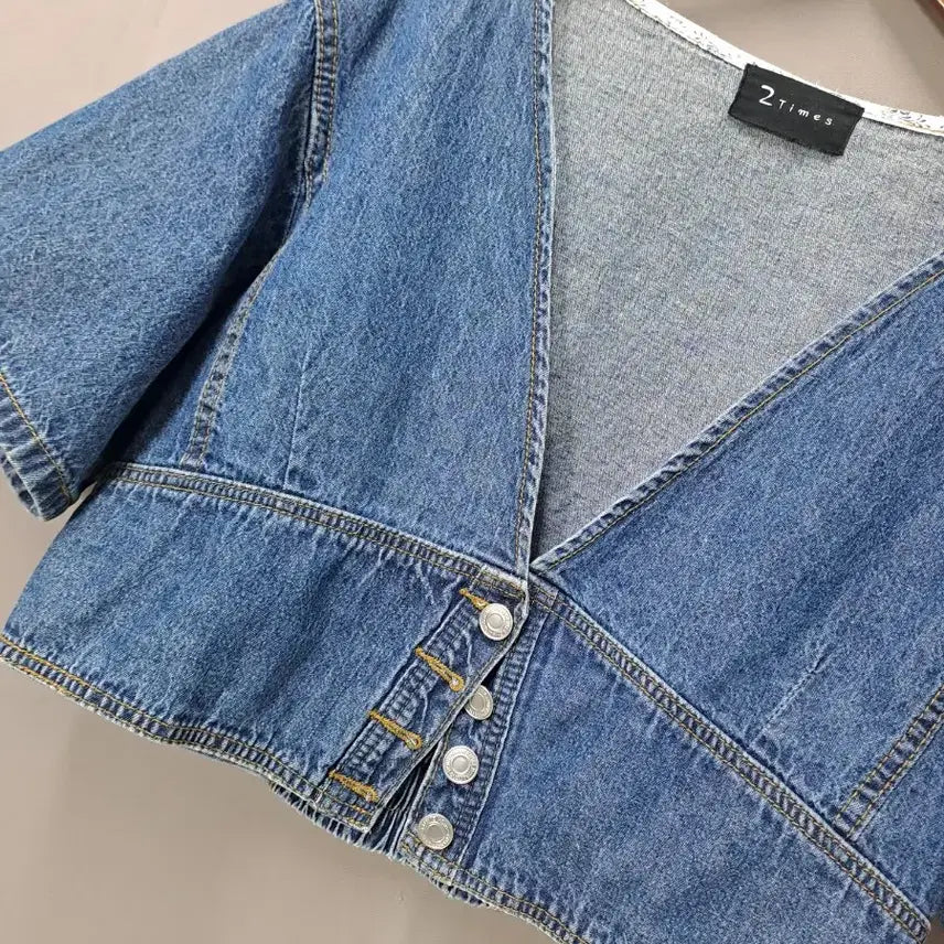 [BUNJANG] 2Times Denim Crop Short Sleeve Jacket / 2Times 단추포인트 데님 크롭 반팔 자켓