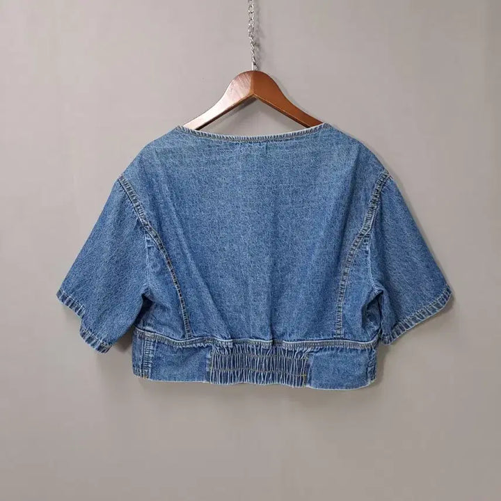 [BUNJANG] 2Times Denim Crop Short Sleeve Jacket / 2Times 단추포인트 데님 크롭 반팔 자켓