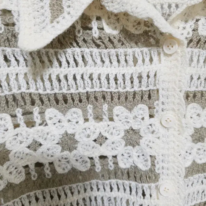 [BUNJANG] Crochet Knit Short Sleeve Collar Top / 크로셰 뜨개 반팔 카라 니트