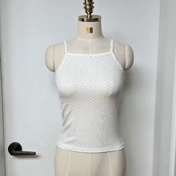 [BUNJANG] Ivory Polka Dot High Neck Ribbed Camisole Top / 땡땡이 하이넥 골지 아이보리 끈나시