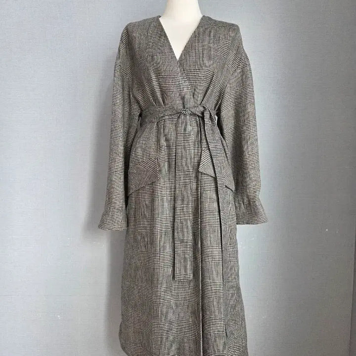 [BUNJANG] Benetton Linen Check Long Coat / 베네통  마  체크 롱코트
