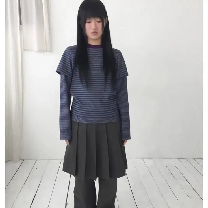 [BUNJANG] U:ON Stripe Layered Tee Purple / 우온 stripe layered tee 스트라이프 레이어드티 purple