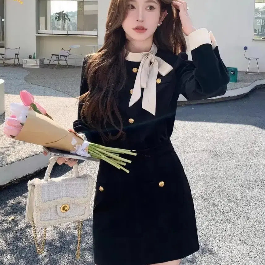 [BUNJANG] Ribbon Tie Mini Two-piece Set / 리본 타이 미니 투피스 새상품
