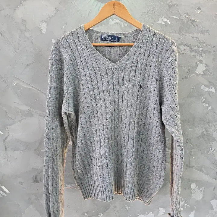 [BUNJANG] Polo Ralph Lauren Cable Knit V-Neck Sweater / 폴로 랄프로렌 브이넥 케이블 니트 그레이M