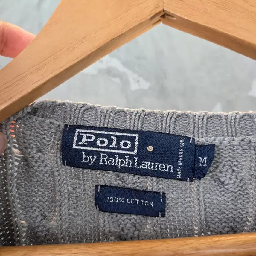 [BUNJANG] Polo Ralph Lauren Cable Knit V-Neck Sweater / 폴로 랄프로렌 브이넥 케이블 니트 그레이M