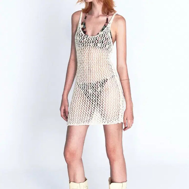 [BUNJANG] Current Crochet Sleeveless Mini Dress / 커렌트) 크로셰 슬리브리스 미니 원피스 드레스
