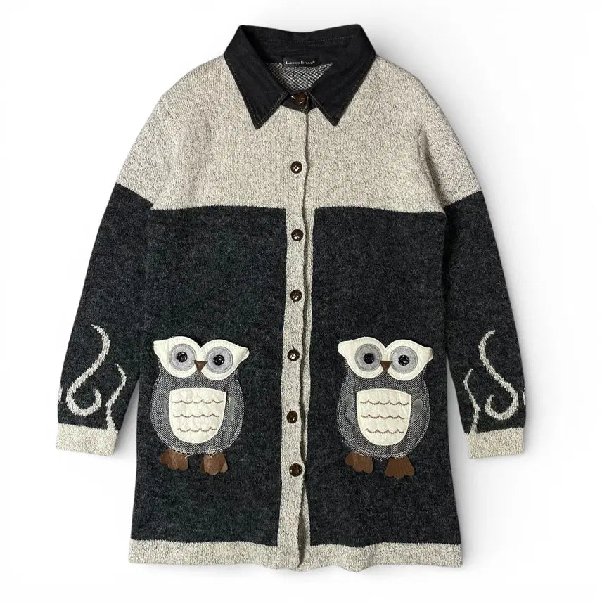 [BUNJANG] Lascolinas Gray Black Owl Pocket Cardigan M / Lascolinas 그레이 블랙 올빼미 포켓 카라 가디건 M