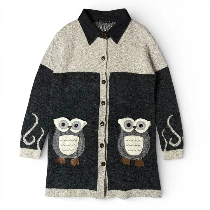 [BUNJANG] Lascolinas Gray Black Owl Pocket Cardigan M / Lascolinas 그레이 블랙 올빼미 포켓 카라 가디건 M