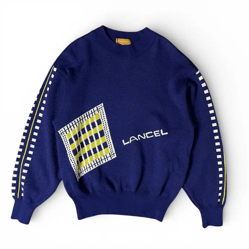 [BUNJANG] Lancel Blue Purple Yellow Jacquard Logo Knit Sweater M / 란셀 블루 퍼플 옐로우 자카드 로고 포인트 니트 M