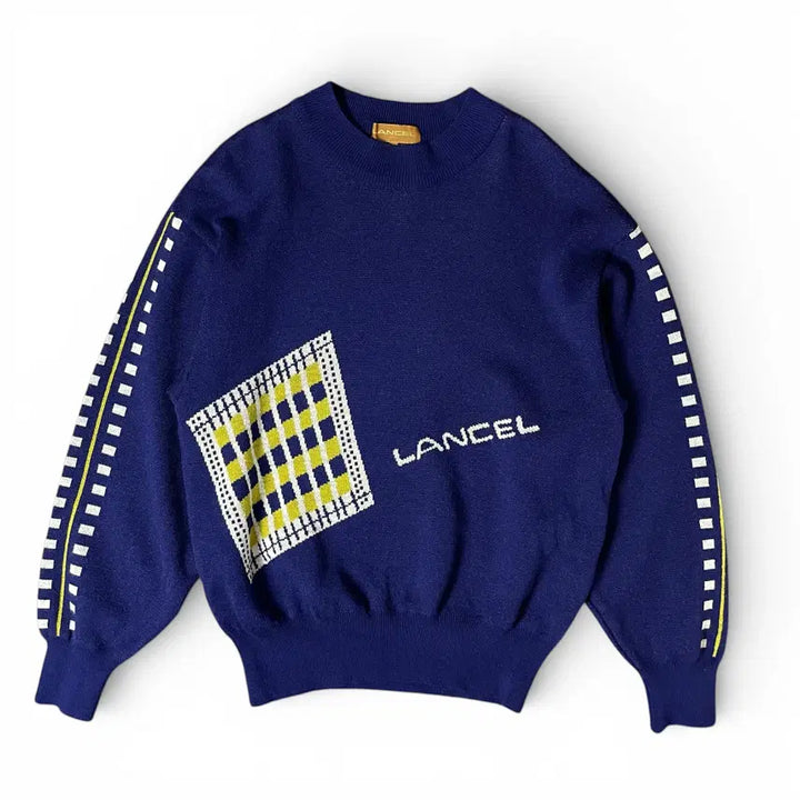 [BUNJANG] Lancel Blue Purple Yellow Jacquard Logo Knit Sweater M / 란셀 블루 퍼플 옐로우 자카드 로고 포인트 니트 M