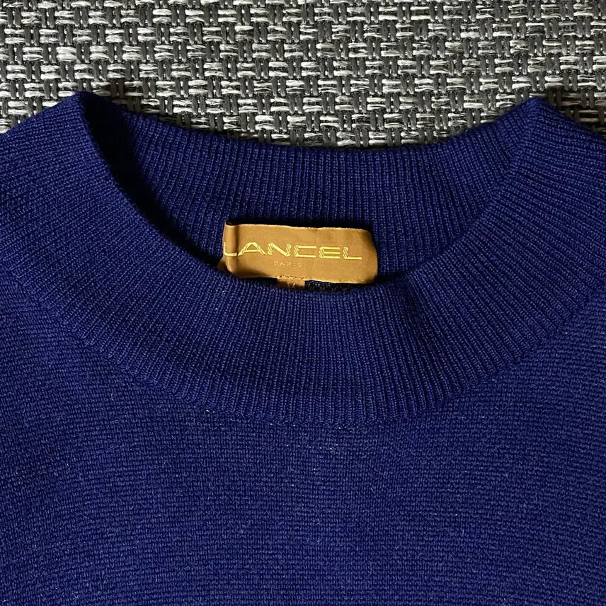 [BUNJANG] Lancel Blue Purple Yellow Jacquard Logo Knit Sweater M / 란셀 블루 퍼플 옐로우 자카드 로고 포인트 니트 M