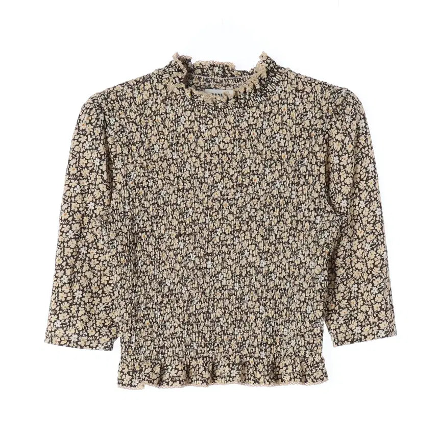 [BUNJANG] Sandro Floral Print Smocked Frill Neck Blouse Crop Top / 산드로 플로럴 프린트 스모킹 프릴넥 블라우스 크롭 탑