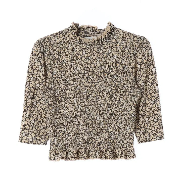 [BUNJANG] Sandro Floral Print Smocked Frill Neck Blouse Crop Top / 산드로 플로럴 프린트 스모킹 프릴넥 블라우스 크롭 탑