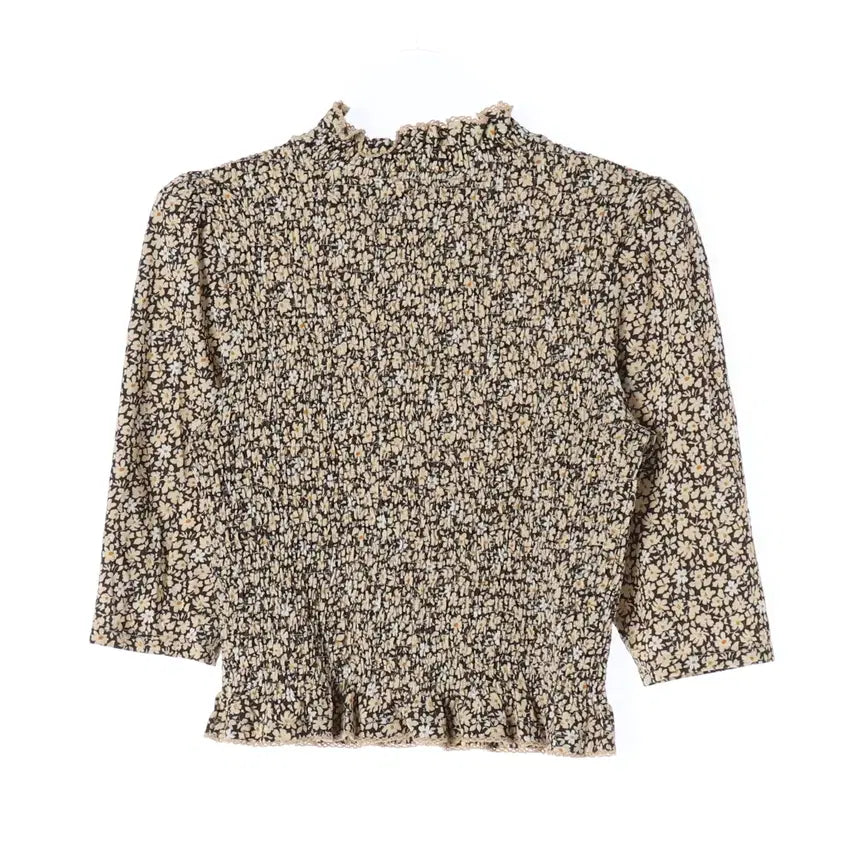 [BUNJANG] Sandro Floral Print Smocked Frill Neck Blouse Crop Top / 산드로 플로럴 프린트 스모킹 프릴넥 블라우스 크롭 탑
