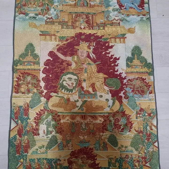 [BUNJANG] Buddhist Thangka Painting with Guardian Deity Riding a Lion / 사자를 탄 호법신 불화탱화 탕카 불교 실로만든자수 새상품
