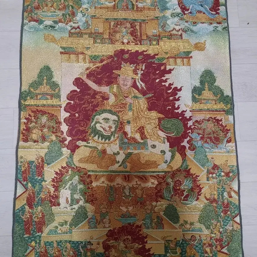 [BUNJANG] Buddhist Thangka Painting with Guardian Deity Riding a Lion / 사자를 탄 호법신 불화탱화 탕카 불교 실로만든자수 새상품