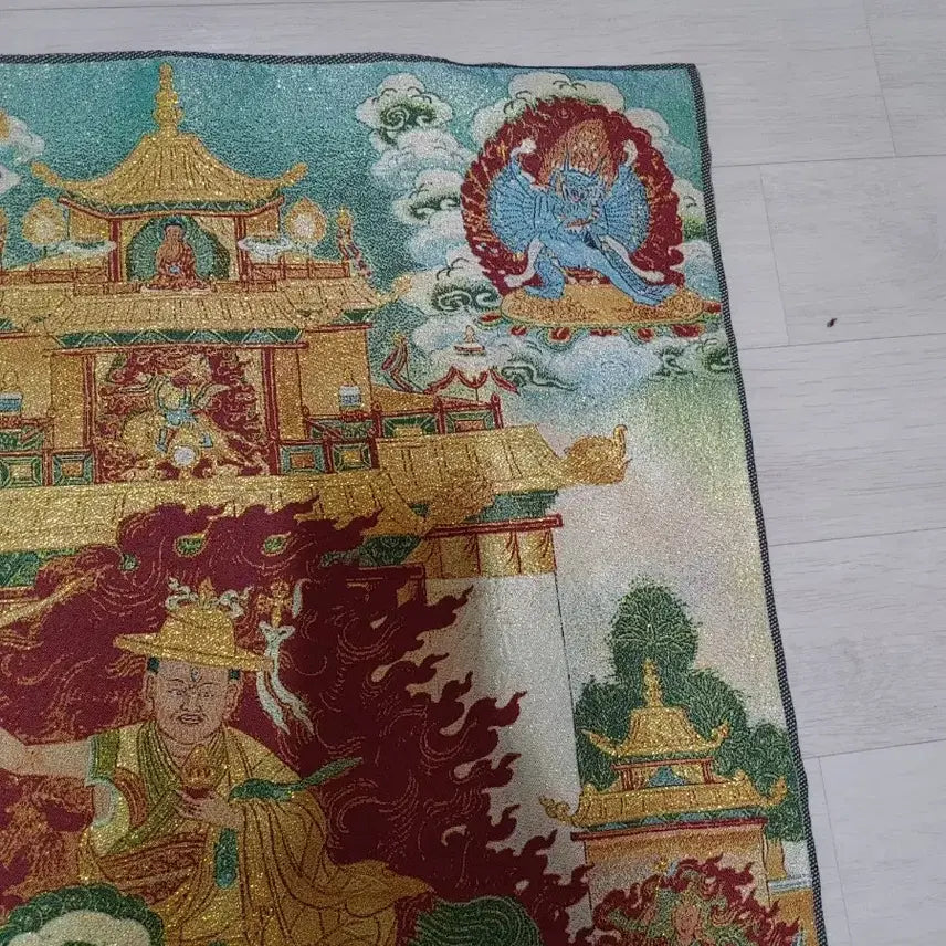 [BUNJANG] Buddhist Thangka Painting with Guardian Deity Riding a Lion / 사자를 탄 호법신 불화탱화 탕카 불교 실로만든자수 새상품