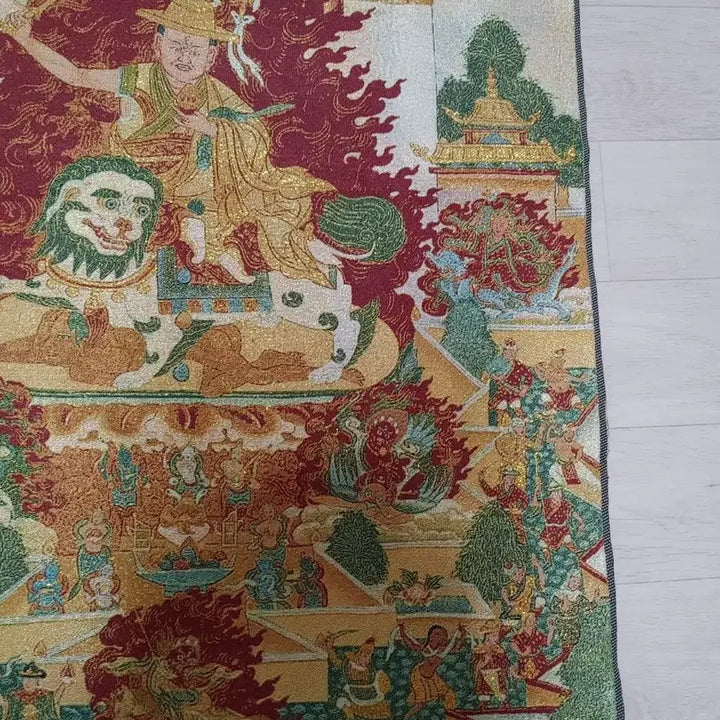 [BUNJANG] Buddhist Thangka Painting with Guardian Deity Riding a Lion / 사자를 탄 호법신 불화탱화 탕카 불교 실로만든자수 새상품
