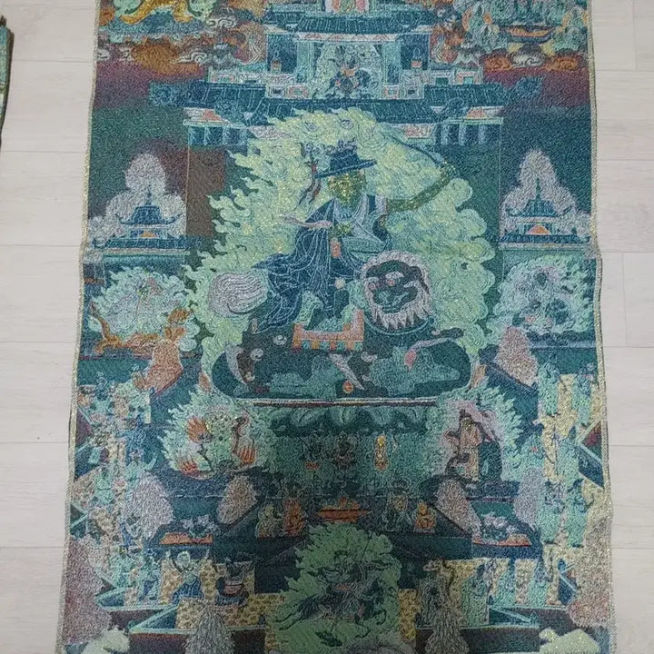 [BUNJANG] Buddhist Thangka Painting with Guardian Deity Riding a Lion / 사자를 탄 호법신 불화탱화 탕카 불교 실로만든자수 새상품