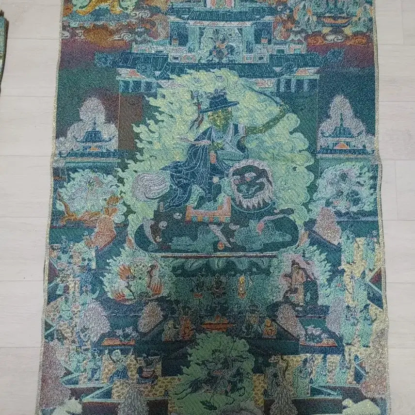 [BUNJANG] Buddhist Thangka Painting with Guardian Deity Riding a Lion / 사자를 탄 호법신 불화탱화 탕카 불교 실로만든자수 새상품