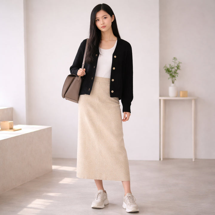 [BUNJANG] UGLYSHADOW Long H-Line Skirt Oatmeal / 어글리쉐도우(UGLYSHADOW) 백포켓 뒷트임 롱 스커트 오트밀
