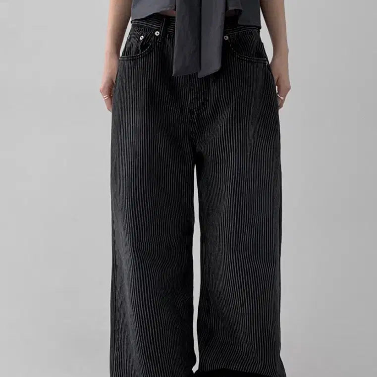 [BUNJANG] Manique Limonde Stripe Wide Cotton Pants (Black, S) / 매니크 리몽드 스트라이프 와이드 코튼팬츠(블랙 s)