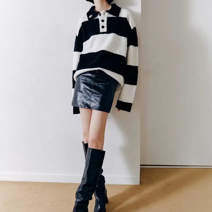 [BUNJANG] Fallett Boucle Collar Stripe Knit Black / fallett 팔렛 부클레 카라 스트라이프 니트 블랙