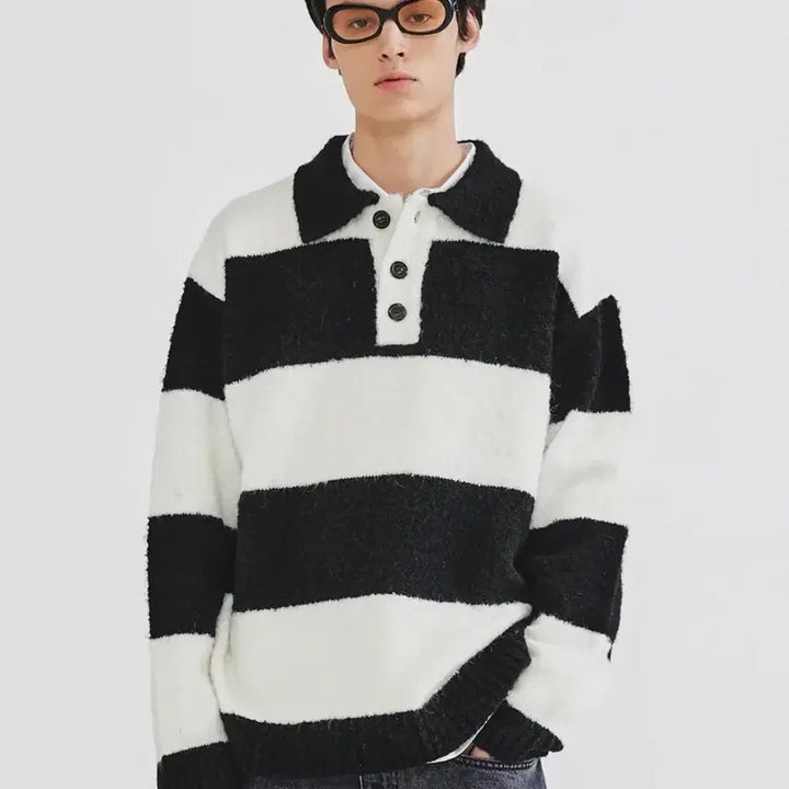 [BUNJANG] Fallett Boucle Collar Stripe Knit Black / fallett 팔렛 부클레 카라 스트라이프 니트 블랙