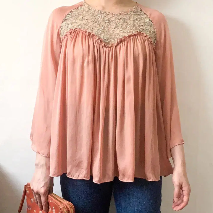 [BUNJANG] Paul &amp; Joe Silk Lace Shirred Blouse / [S] 폴앤조 실크 코르돈 레이스 플레어 블라우스