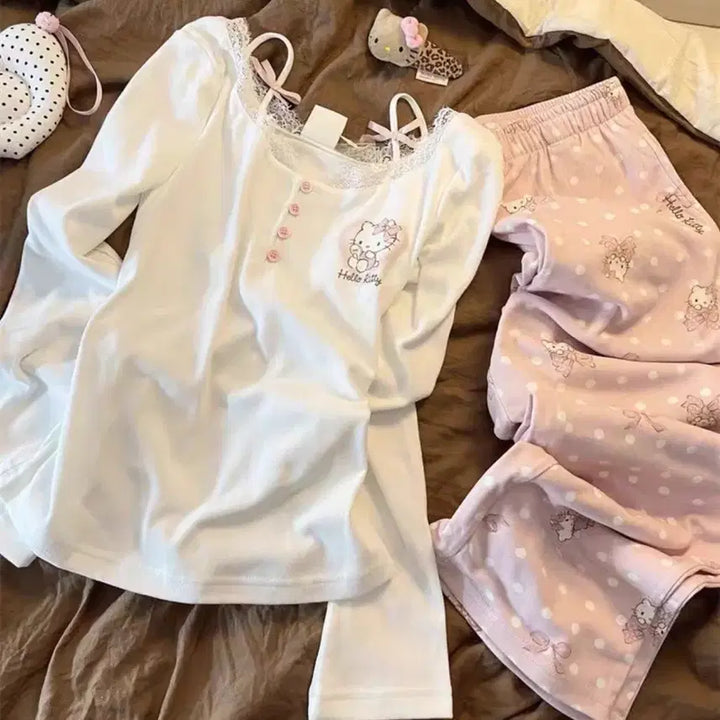 [BUNJANG] Sanrio Hello Kitty Pink Pajama Set / 통통녀 카와이 헬로키티 여성 핑크 여리 잠옷 세트 홈웨어 파자마 산리오
