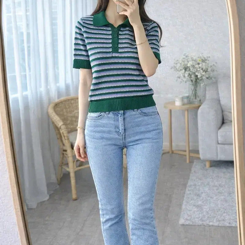 [BUNJANG] Roem Striped Collar Knit Top / 로엠 스트라이프 카라 반팔 니트 그린 배색 슬림핏/데일리 꾸안꾸