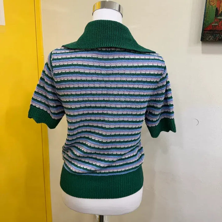 [BUNJANG] Roem Striped Collar Knit Top / 로엠 스트라이프 카라 반팔 니트 그린 배색 슬림핏/데일리 꾸안꾸