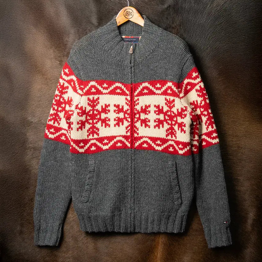 [BUNJANG] Tommy Hilfiger Ski Snowflower Pattern Wool Sweater Zip-up Grey / [103] 타미힐피거 SKI 눈꽃패턴 울 스웨터 집업 그레이