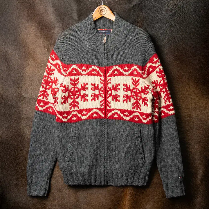 [BUNJANG] Tommy Hilfiger Ski Snowflower Pattern Wool Sweater Zip-up Grey / [103] 타미힐피거 SKI 눈꽃패턴 울 스웨터 집업 그레이