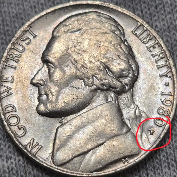 [BUNJANG] 1980 US Jefferson Nickel P Mint Error Coin / 1980 미국 제퍼슨 니켈 주화 P민트.주조에러. 레인보우 풀스텝