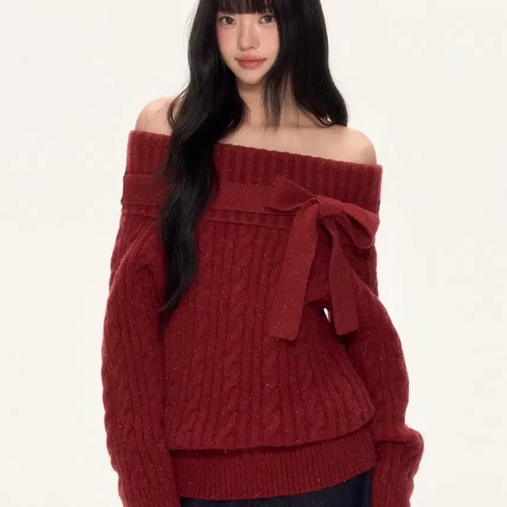 [BUNJANG] Dear My Kiko Weekendhub Off-Shoulder Knit Sweater / 디어마이키코 WEEKENDHUB 니트 스웨터 오프숄더 스웨터 리본 포인트