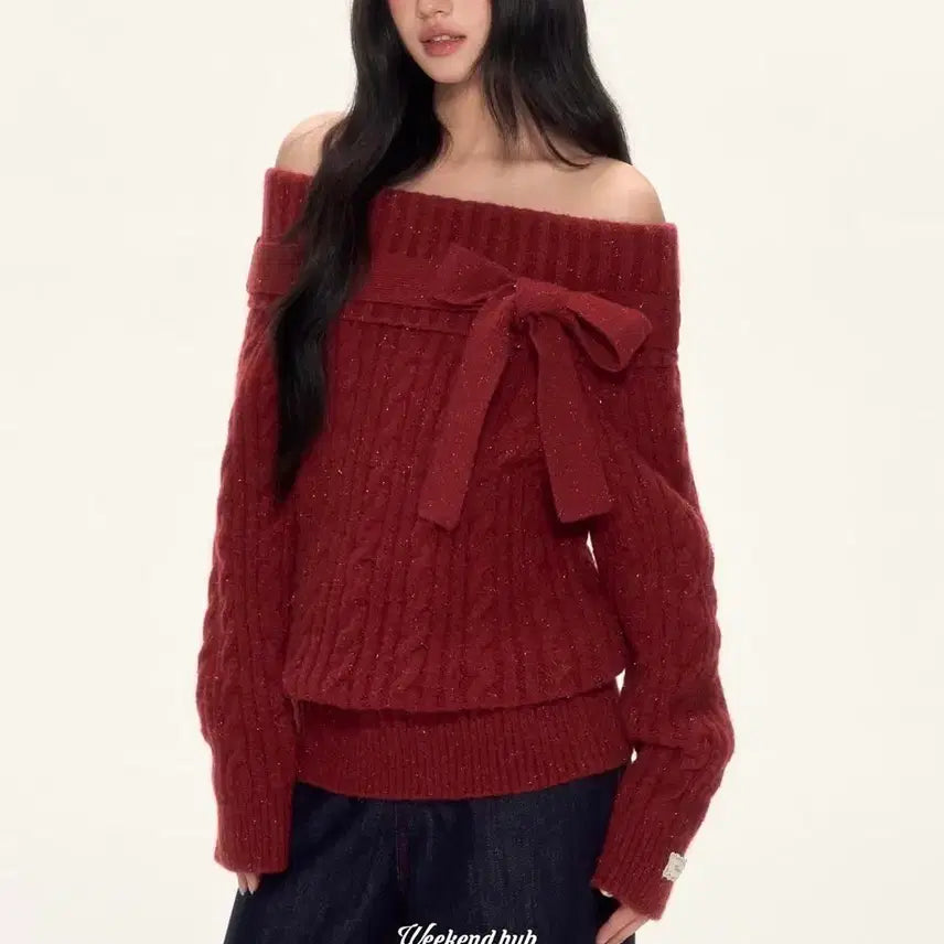 [BUNJANG] Dear My Kiko Weekendhub Off-Shoulder Knit Sweater / 디어마이키코 WEEKENDHUB 니트 스웨터 오프숄더 스웨터 리본 포인트
