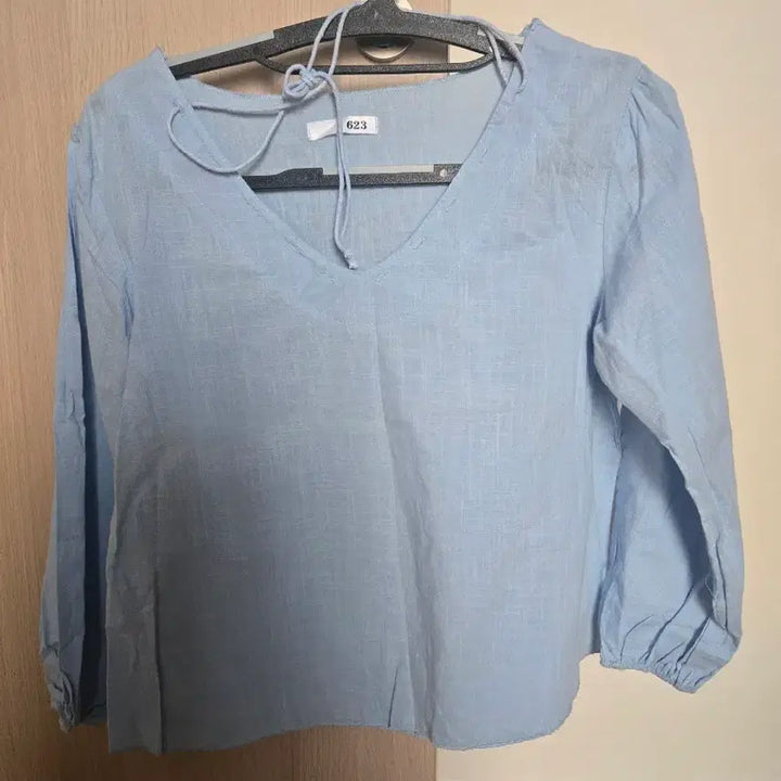 [BUNJANG] Sky Blue V-Neck Long Sleeve Blouse / 하늘색 브이넥 긴팔 블라우스