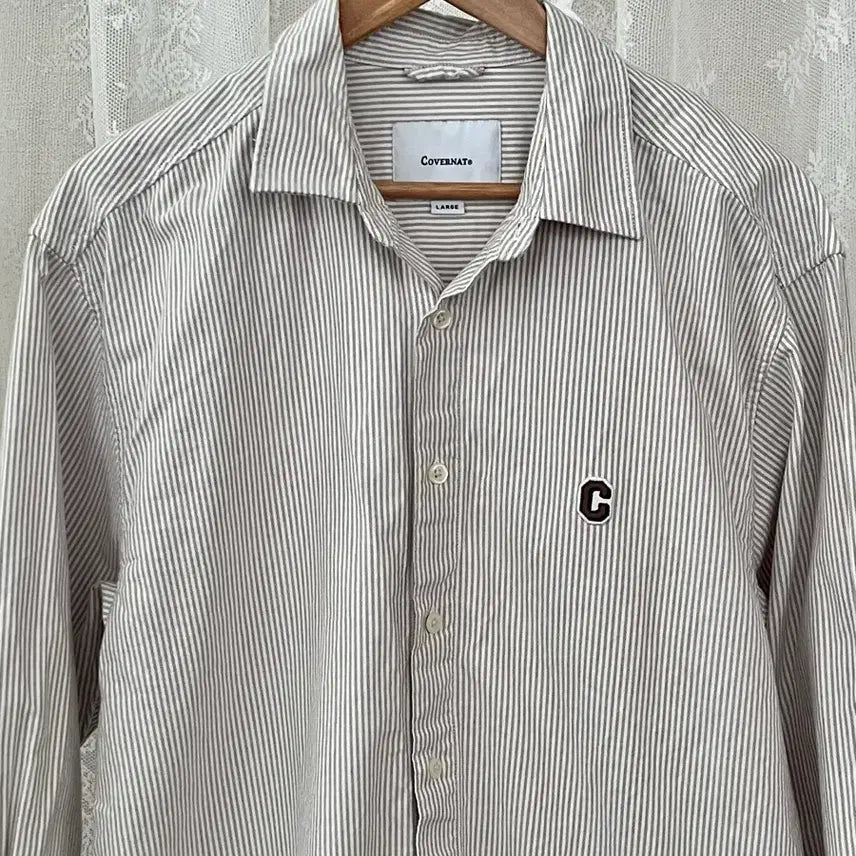 [BUNJANG] Covernat Striped Oxford Shirt - Beige / L) 커버낫 스트라이프 셔츠 베이지