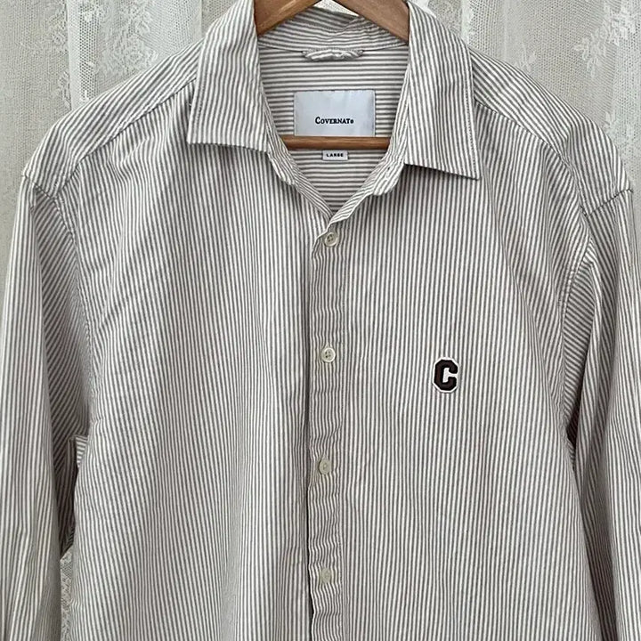 [BUNJANG] Covernat Striped Oxford Shirt - Beige / L) 커버낫 스트라이프 셔츠 베이지