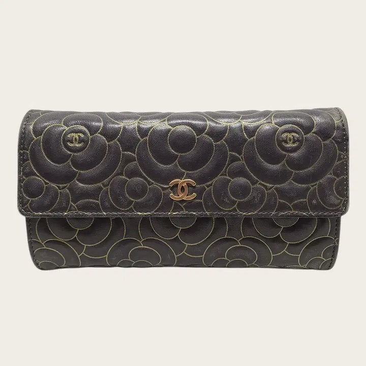 [BUNJANG] Chanel CC Logo Camellia Flap Wallet / 샤넬 블랙 램스킨 CC로고 까멜리아 플랩 장지갑