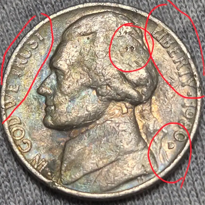 [BUNJANG] 1960 US Jefferson Nickel D Mint Error Coin / 미국1980년 D제퍼슨 니켈 D Mint. 무지개톤. 압인  주조에러