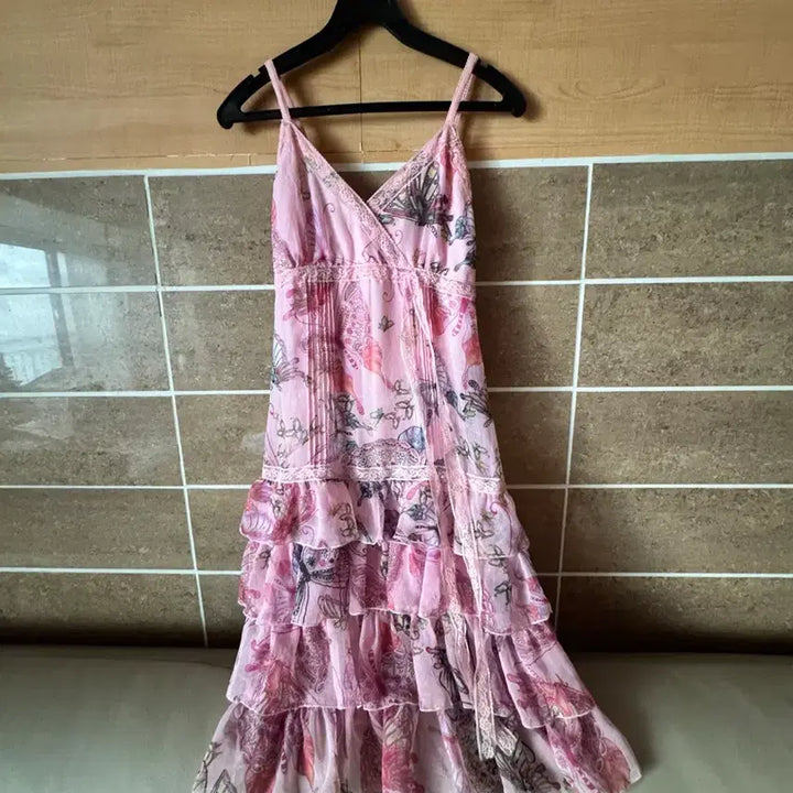 [BUNJANG] Pink Chiffon Floral Ruffle Dress / 나시 핑크 쉬폰 플라워 캉캉 원피스