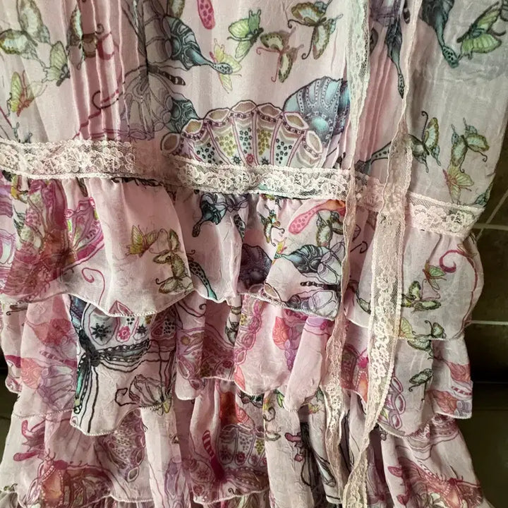 [BUNJANG] Pink Chiffon Floral Ruffle Dress / 나시 핑크 쉬폰 플라워 캉캉 원피스