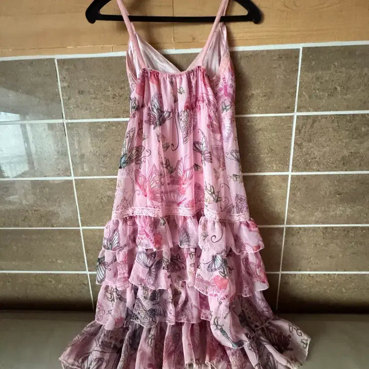 [BUNJANG] Pink Chiffon Floral Ruffle Dress / 나시 핑크 쉬폰 플라워 캉캉 원피스
