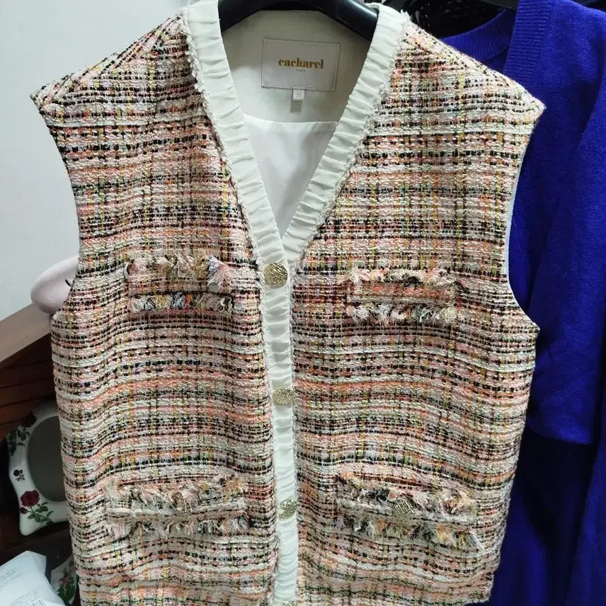 [BUNJANG] Cacharel Spring Orange Tweed Vest / 까사렐 봄빛 오렌지 컬러.55 트위드 베스트