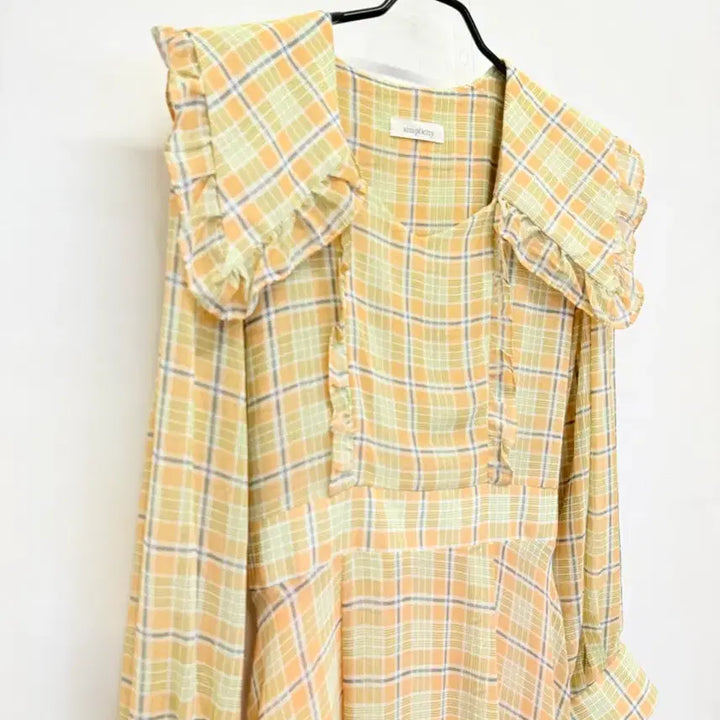 [BUNJANG] Frill Collar Checkered Chiffon Dress / 프릴 큰카라 체크 쉬폰원피스