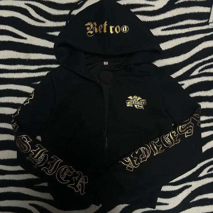 [BUNJANG] Gold Print Hooded Zip-Up Black / 금장 프린팅 후드집업 블랙