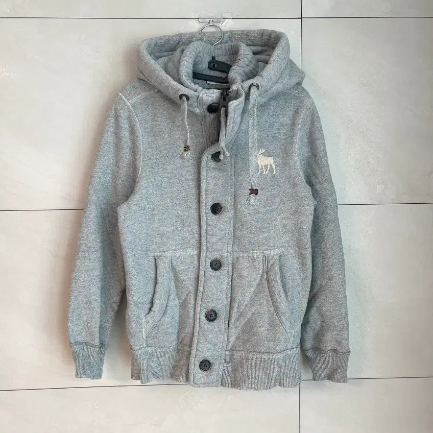 [BUNJANG] Abercrombie White Reindeer Button Hooded Zip-up - Gray [S] / 아베크롬비 화이트 순록 버튼 후드집업 그레이 [S]