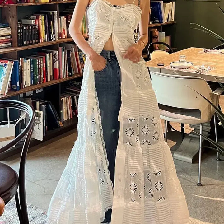 [BUNJANG] White Punching Long Dress / 화이트 펀칭 롱 원피스 레이어드